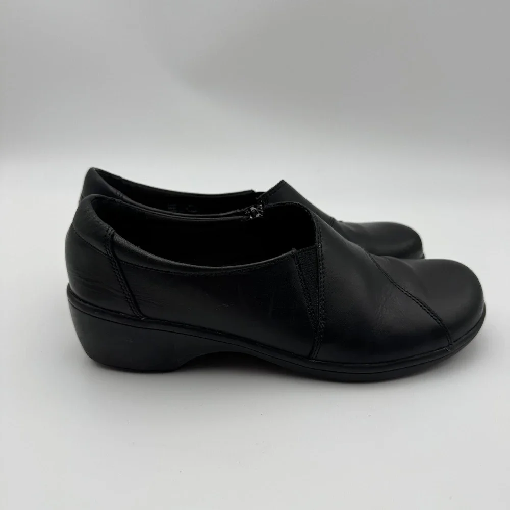 Clarks Bendables Black Leather Slip On Loafers Side Zip Wedge Shoes Women 10M
